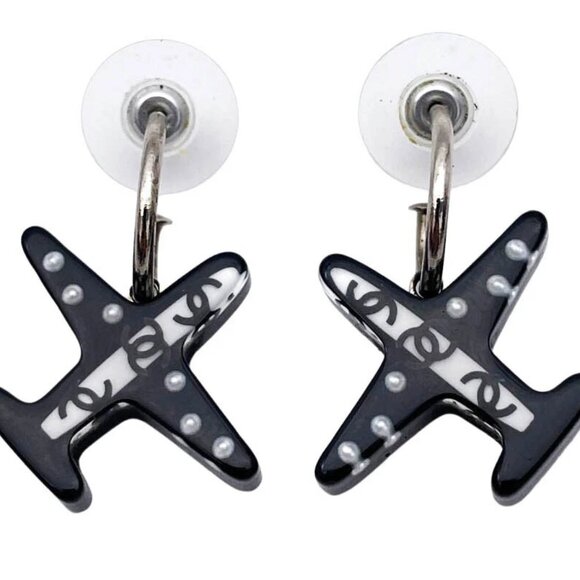 CHANELCC Logos Pearl Black Plane Airplane Hook Earrings Silver Tone 16S Auth - Picture 1 of 7